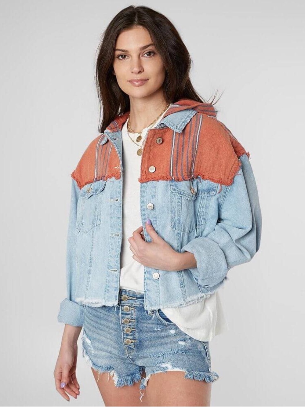Free People Baja Hooded Denim Jacket Size Medium; Like New - Picture 3 of 9